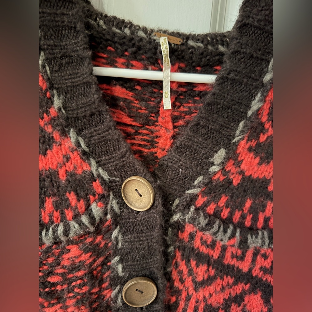 Free People Nordic Patterned Wool Hooded Cardigan Sweater Medium - Picture 3 of 4